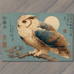 Art Print Owl Moon Japanese Calligraphy Woodblock Branch Night Blue Asian