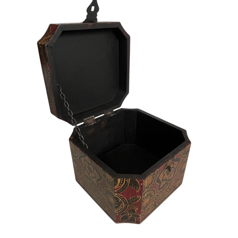 Vintage Hand Painted Wooden Octagonal Jewelry Box Red Black Gold Floral Folk Art gallery
