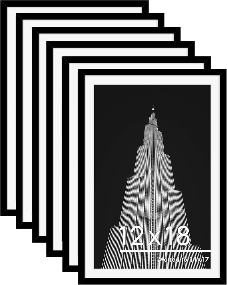 12x18 Picture Frame Set of 6, Display Pictures 11x17 with Mat or 12x18 withou...