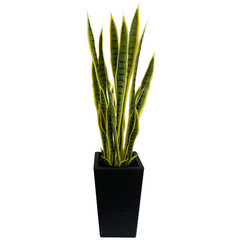 90cm Golden Edge Artificial Snake Plant with Tall Black Planter Minimalist House