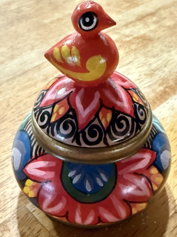 Hand Painted Wooden Lidded Trinket Box Bird Finial Folk Art Colorful Small gallery