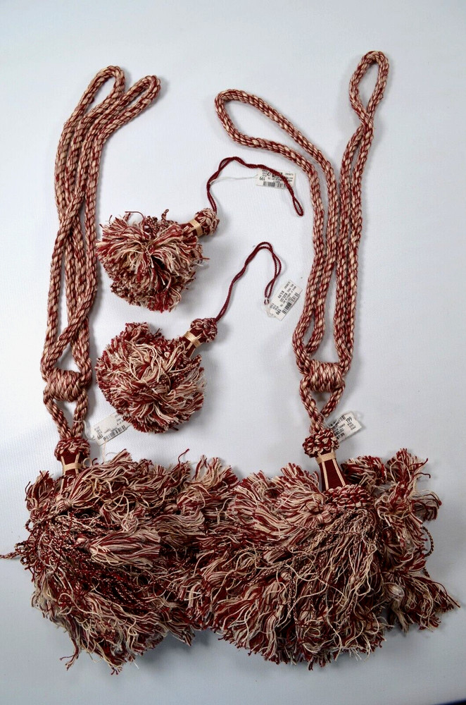 Lot of 4 Vintage Red & Ivory Drapery TieBacks Twisted Cord Regency Shabby Chic