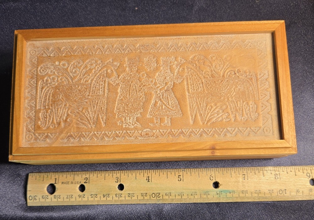 Vintage Hungarian Folk Art Wooden Box Leather Tooled cover 1960's One Of A Kind