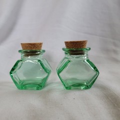 2pc set lot small hexagonal shaped clear greenish glass bottle jar with cork and