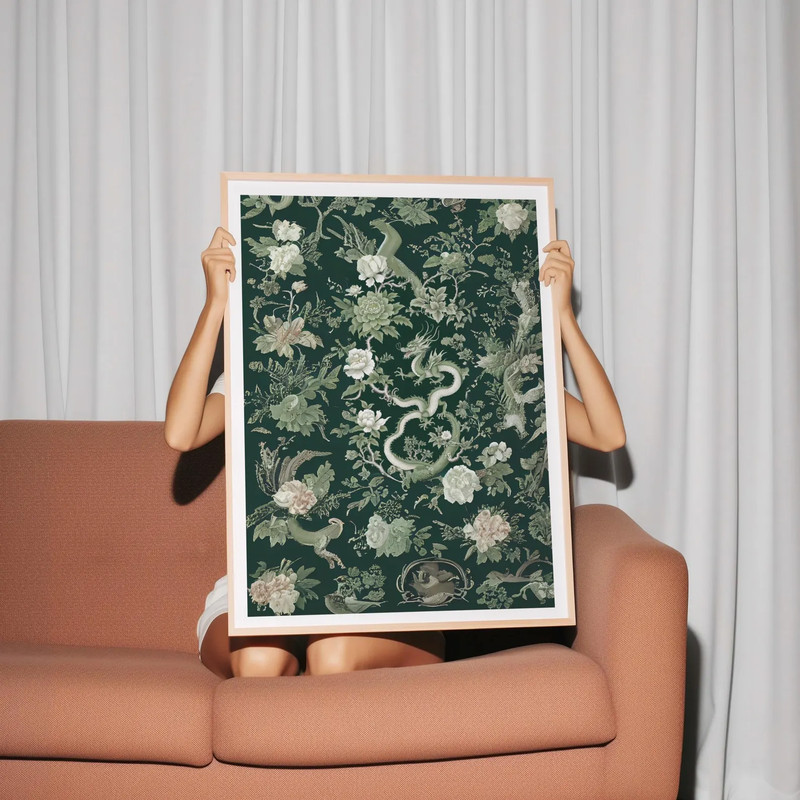 Green Botanical Dragon Chinoiserie Art Print, Framed Chinoiserie Decor Asian Art gallery