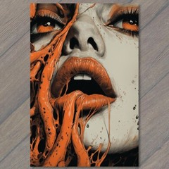 Art Print Woman’s Face Close-Up Orange Tentacles Surrounding Eyes Lips Scary