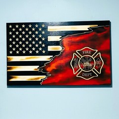 Handmade Firefighter Cross Thin Red Line Fireman Wooden American Flag USA 14×24