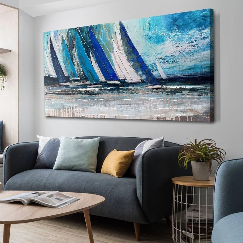 Waterproof Nautical Blue Sailboat Wall Art - Perfect for Any Room 40x20 gallery