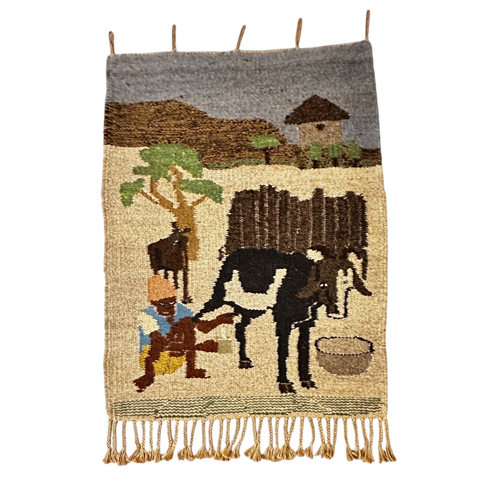 Milking Cow Farm Scene VTG Handwoven Wool Tapestry Wall Hanging 36x24" gallery