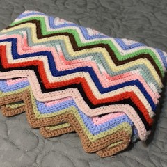 VTG Handmade Afghan Throw Blanket 36”X 50” Zigzag Chevron Rainbow Crochet Warm