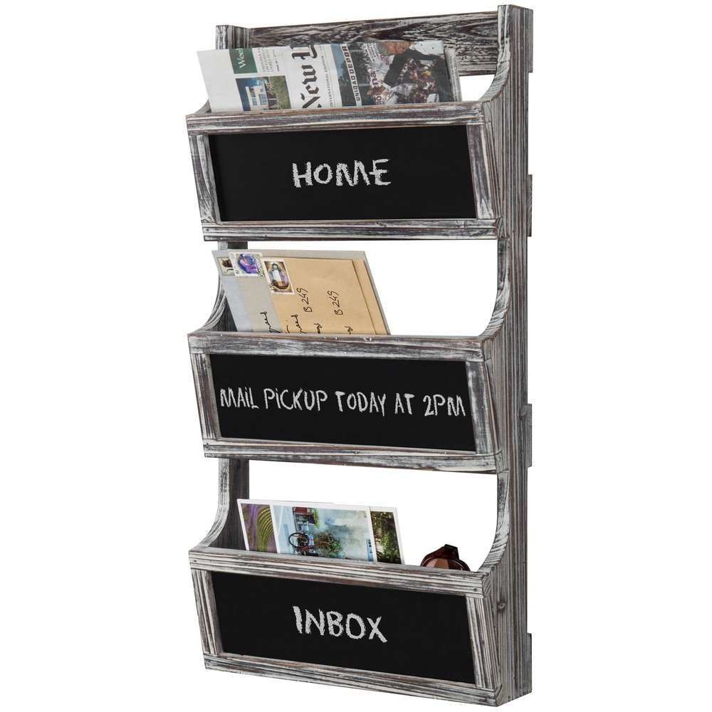 3-Slot Torched Wood Wall Magazine Rack & Mail Sorter with Chalkboard Labels