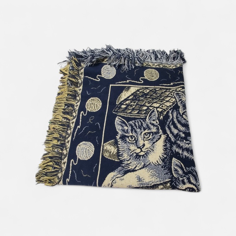 Vtg Cat Kittens Woven Throw Blanket Fringed Tapestry Blue & Yellow Yarn Balls gallery