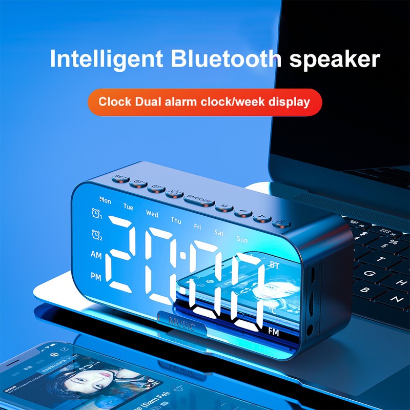 Digital Alarm Clock Wireless Bluetooth Mirror LED With Speaker USB Rechargeable gallery
