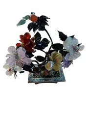 Vintage Chinese Gemstone Bonsai Tree In8”tall In Footed Cloisonné Pot, Luck Tree