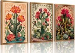 Mexican Cactus Floral Canvas Wall Art Set of 3 Southwest Saguaro Wall Decor T…