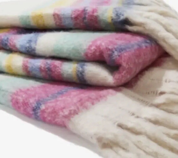 Free People Fringe Boho Throw Blanket 60” x 51” 100% Polyester Cozy Ivory Pink gallery