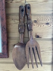 Vintage Large Carved Wooden Spoon and Fork Tiki Kitchen Hanging 1970s