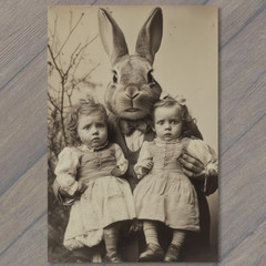 Art Print Creepy Realistic Easter Bunny Holding Twins Disturbing Vintage Style