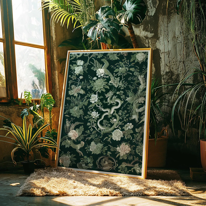 Green Botanical Dragon Chinoiserie Art Print, Framed Chinoiserie Decor Asian Art gallery