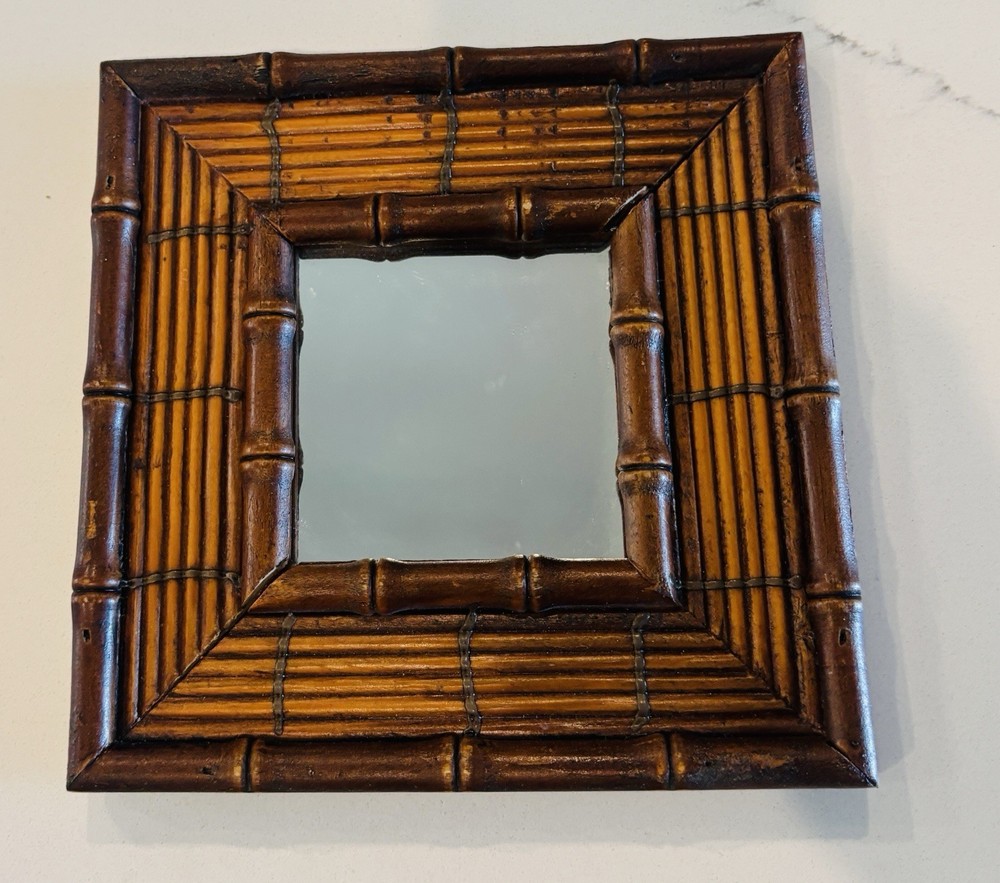 Vintage Faux Bamboo Style Wood Accent Mirror Square 6.5” Gallery Wall Art