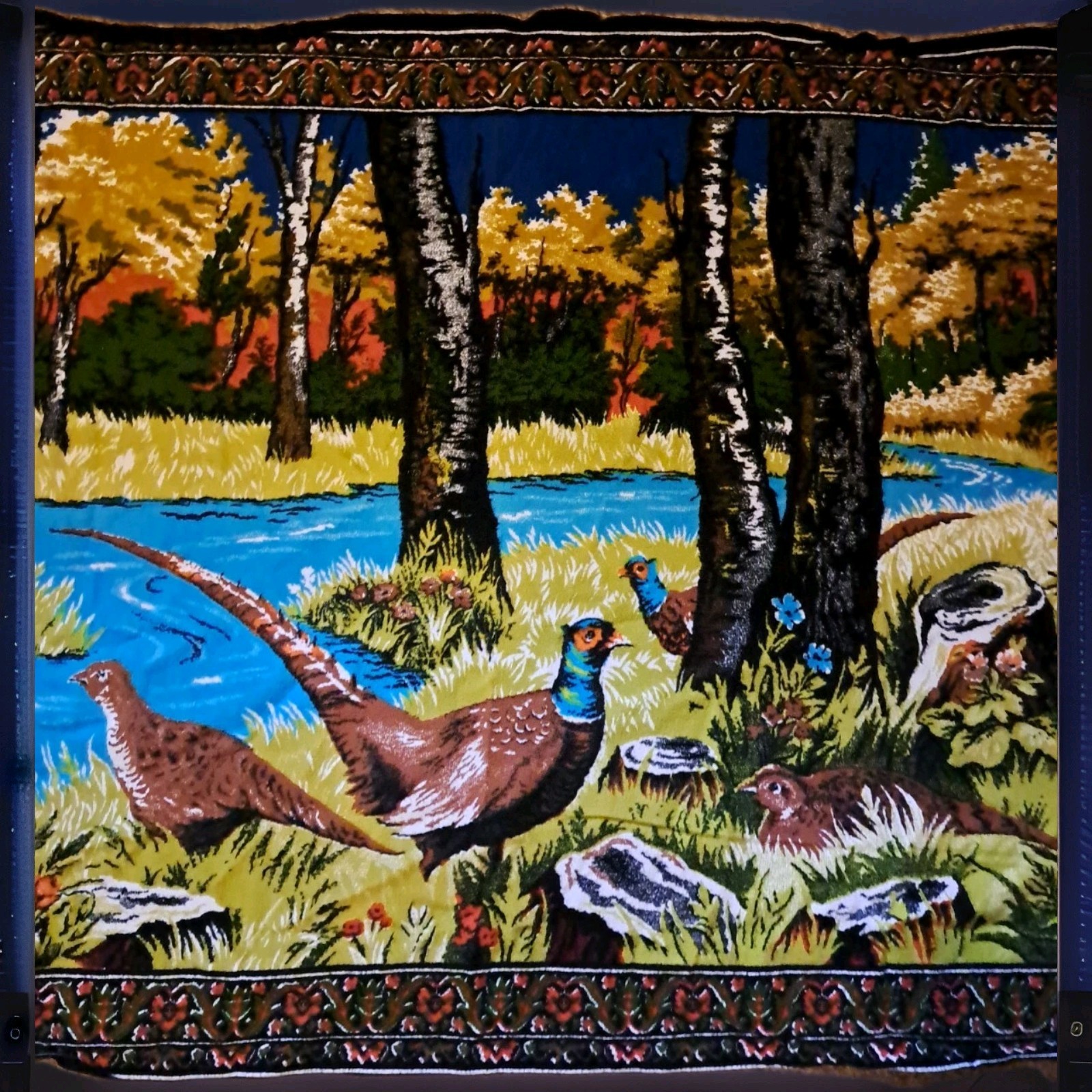 Vintage Large 53" x 35" Wall or Rug Tapestry Pheasants in Woods gallery