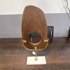 Freestanding Abstract Modern Wood Sculpture on Marble Base, Gold Tone Stand