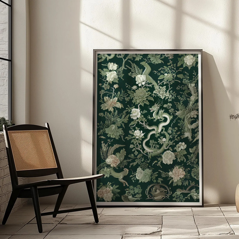 Green Botanical Dragon Chinoiserie Art Print, Framed Chinoiserie Decor Asian Art gallery
