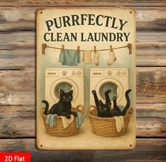 Purrfectly Clean Laundry Black Cat Vintage Metal Tin Sign 8×12 Wall Decor Room