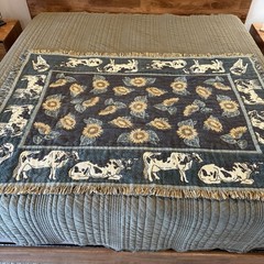 Vintage Woven Sunflower & Cow Print Tapestry Blanket Throw Fringe Cottage Farm