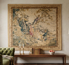 Large French Tapestry Wall Hanging 6×6 Ft Vintage Village People Scene, Europe