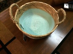 Set of 2 Straw Woven Baskets Round 9” Deep 4,5” Aqua/Natural & Navy /Natural