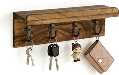 Rustic Key Holder for Wall, Farmhouse Wall Shelf with 4 Hooks, Wall Mounted Key