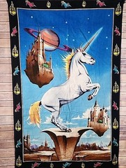 Vntg BklynNY Unicorn Fantasy Tapestry Psychedelic Space Castle 80s 54″X35″