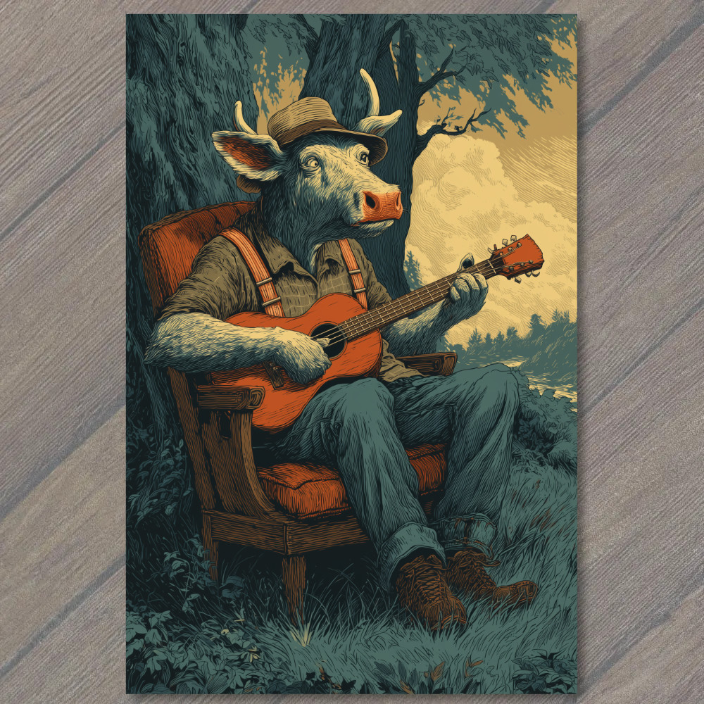 Art Print Cow Guitarist Hat Suspenders Country Western Funny Animal Music gallery