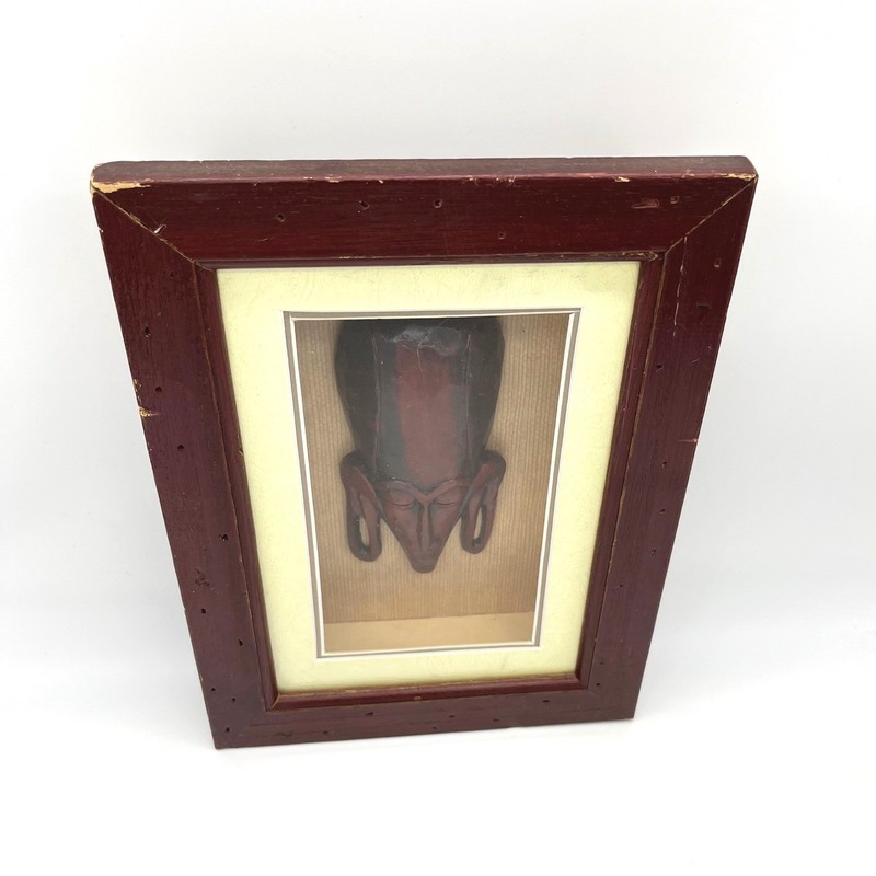 Vintage Wooden Tribal Mask Shadow Box Wall Art Hand Carved Mahogany Frame 10.5x8 gallery