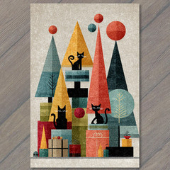 Art Print Midcentury Cats Trees Geometric Shapes Retro Holiday Abstract Style