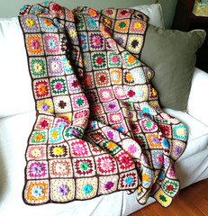 Vintage Granny Square 3D Raised Flower Crochet Afghan Blanket 44″x61” Brown Tan