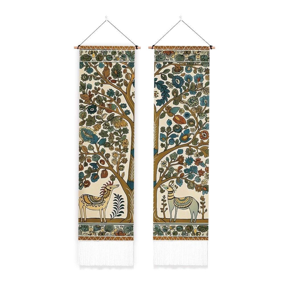 2 Pack Deer and Tree Vertical Tapestry, Folk Art Style Wall Tapestry with Tas...
