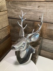 Metal (Polished Silver Tone) Deer Head Antler Mount Wall Decor 13.5”