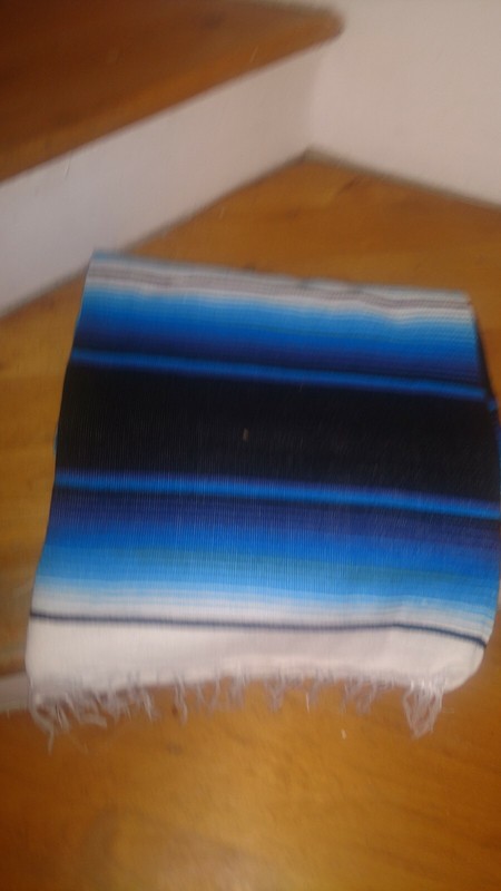 Mexican serape blanket blue and black white Striped and black fringe XL 84 x 64 gallery