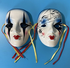 Ceramic Face Mardi Gras Masks Small Two 2 Harlequin Masks Red White Black Blue