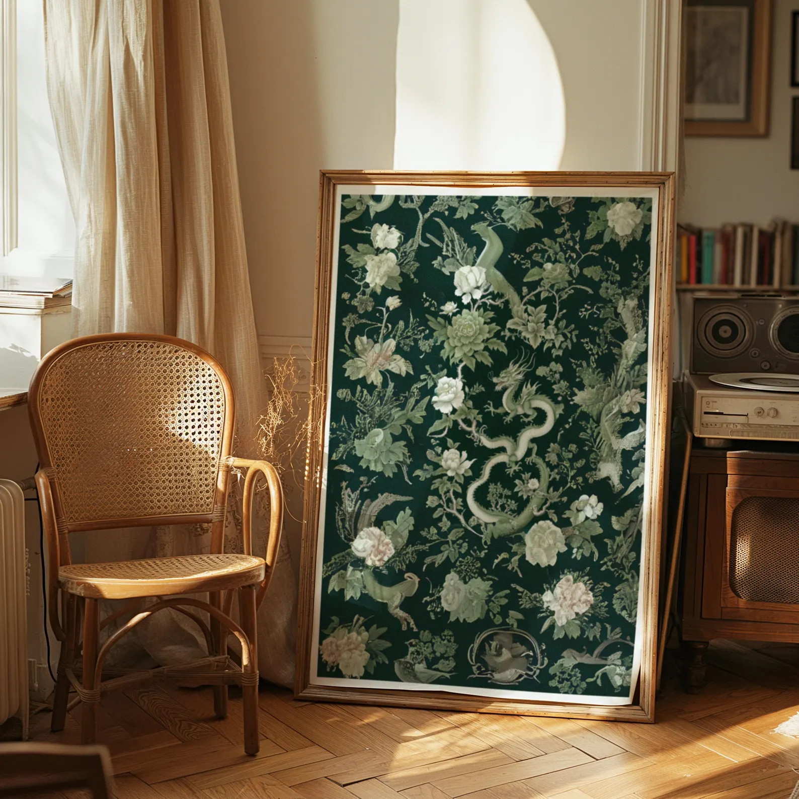 Green Botanical Dragon Chinoiserie Art Print, Framed Chinoiserie Decor Asian Art gallery
