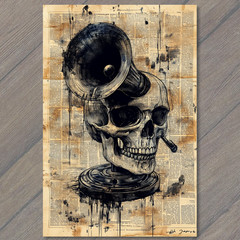 Art Print Skull Megaphone Speaker Grunge Newspaper Texture Ink Splatter Aestheti