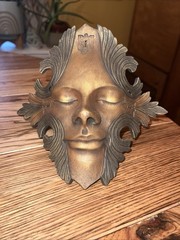 Wall Art, Decorative 3D Clay Mask, Women’s Face With Keyholes Bronze Color