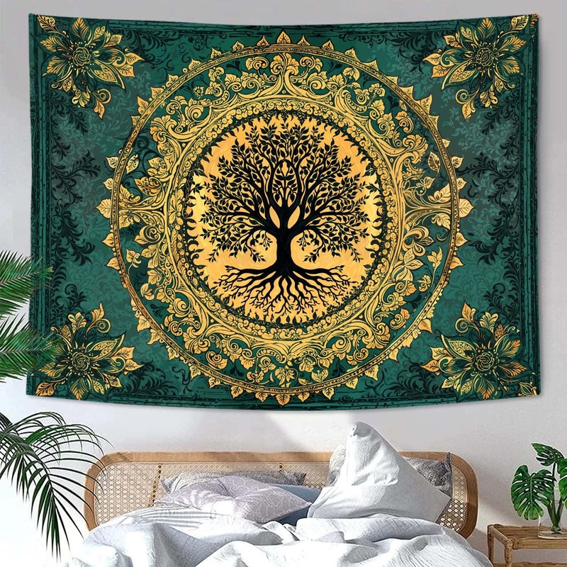 Zussun Tree of Life Fantasy Forest Tapestry Vintage 48"L x 36"W, Gold Yellow gallery