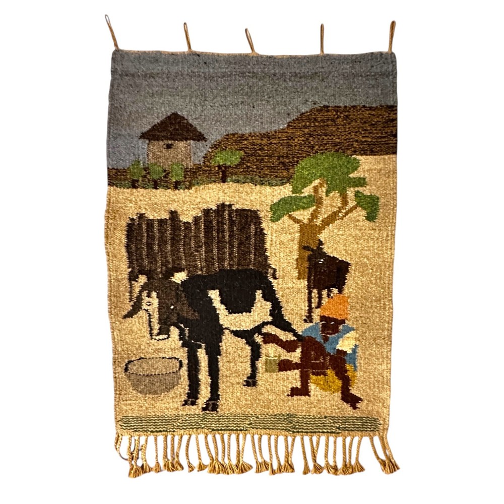 Milking Cow Farm Scene VTG Handwoven Wool Tapestry Wall Hanging 36x24"