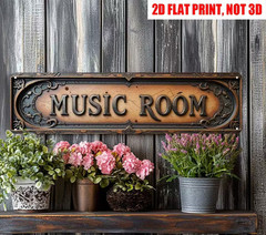 NEW 4″x16″ FLAT 2D Vintage Decorative Tin-Style Novelty Metal Sign: “Music Room”