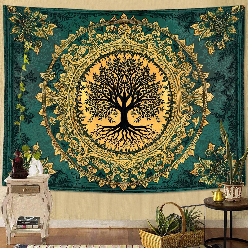 Zussun Tree of Life Fantasy Forest Tapestry Vintage 48"L x 36"W, Gold Yellow gallery