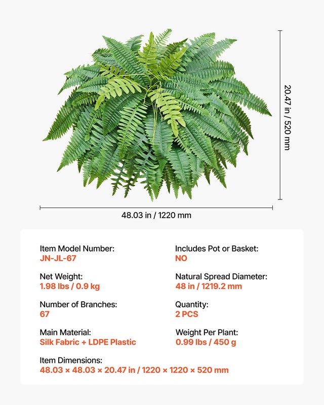 VEVOR 48" Artificial Ferns Fake Boston Bush 67 Fronds for Outdoor Decor 2 Pack gallery