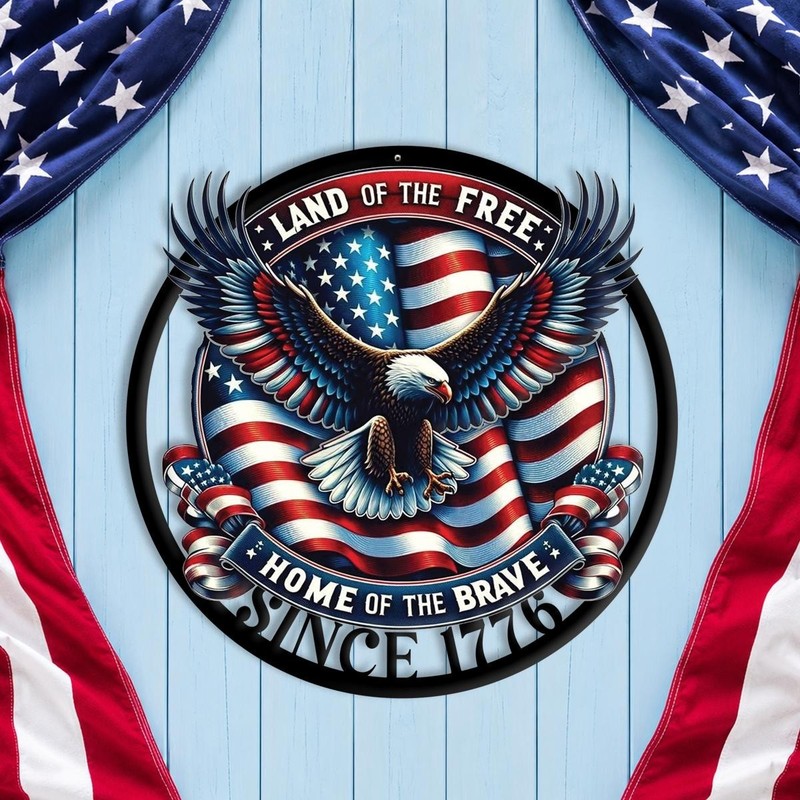 Land Free Home Brave Metal Sign Patriotic Eagle American Flag Wall Art Decor gallery